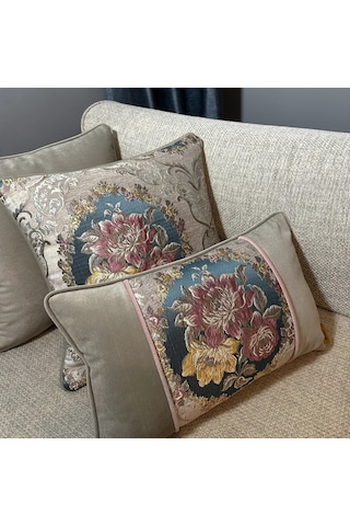 "flor" Çiçek Desen Detaylı Kırlent - 30x50 Vizon - Pembe - Mavi