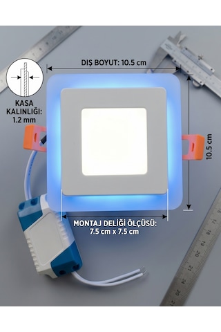 Kare Sıva Altı Led Spot Aydınlatma 6 Watt Çift Renk 3 Kademe Mavi Beyaz Gece Lambası Armatür Beyaz - Mavi
