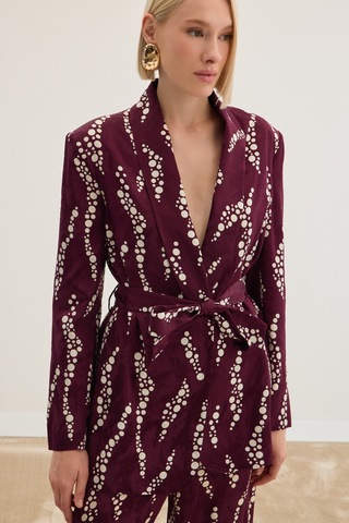 Sateen Desenli Uzun Ceket - Bordo-136475 Bordo