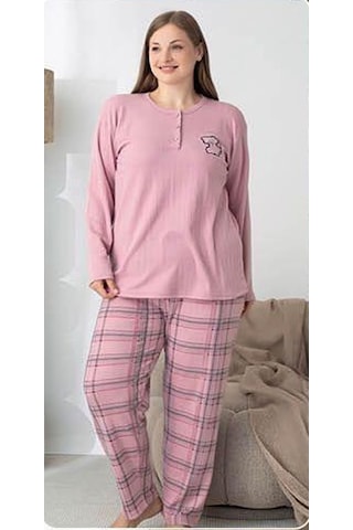 Lindros Kadın Pamuk'lu Düğme Yaka Raporlu İnterlok Kışlık Battal Pijama Takımı 05148 - 1 Adet Pudra
