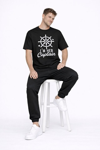 Sevgili Kombini Oversize Çift Tişört Unisex Captain Anchor Baskıl Siyah