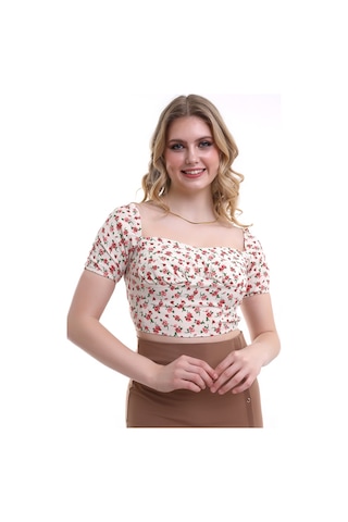 Mois Atelier Krem Kırmızı Çiçek Desenli Kare Yaka Kısa Kol Kadın Bluz Tasarım Hediye Büyük Beden