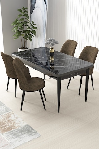 Canisa Arp Serisi 70x110 Sabit Mutfak Masası Takımı Siyah Mermer Desen Masa 4 Kahverengi Sandalye Masa Siyah Mermer Desen Sandalyeler Kahve