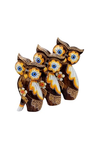 Ahşap Aborjin Üçlü Baykuş Dekoratif Biblo No.2 20 Cm