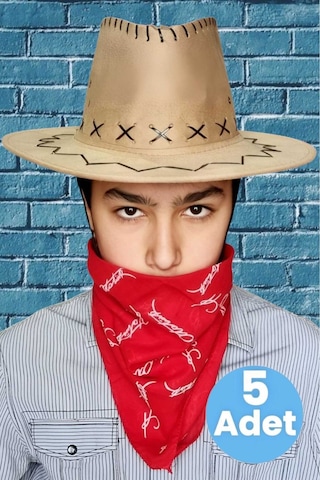 Uniquetrenders Çocuk Unisex Bandanalı 5'li Nubuk Kovboy Şapkası 8-14 Yaş Koyu Bej 5