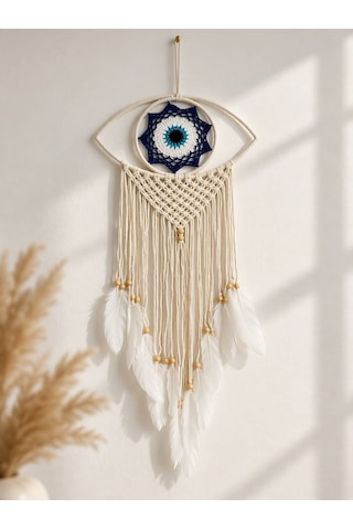 Nazar Motifli Düş Kapanı Rüya Kapanı Dream Catcher Beyaz Tüylü Bohem Duvar Süsü Bohem El Yapımı Düş Kapanı