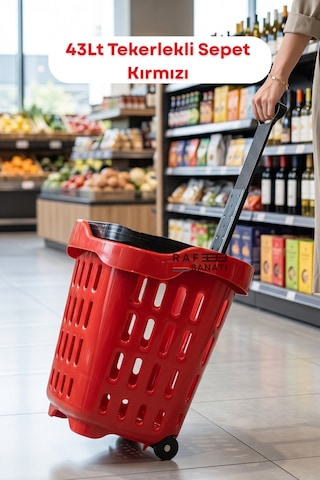 43 Lt Tekerlekli Market Sepeti Plastik Alışveriş Sepeti Ergonomik Çift Saplı Kırmızı