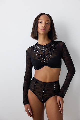 Penti Shinny Lace Dantel Uzun Kollu Siyah Croplet