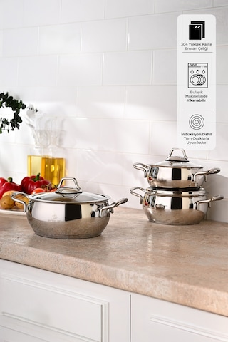 Emsan Cemre İndüksiyon Tabanlı Midi Paslanmaz Çelik Tencere Seti 6 Parça