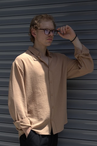 Erkek Oversize Kesim Keten Görünümlü Gömlek Taba