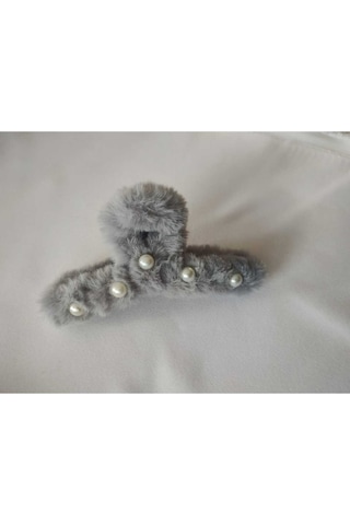 Büyük Boy İnci Peluş Mandal Toka 12 Cm Gri