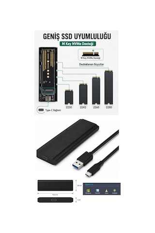 M.2 Ssd Kutusu Usb 3.0 Type-c Harici Ssd Disk Kutusu, Nvme M.2 Ssd Uyumlu, 2tb Kapasite Desteği, Pcıe M-key