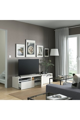Tv Sehpası, Beyaz, 180x42x39 Cm, Lappvıken, Çıt Çıt Raylı Beyaz