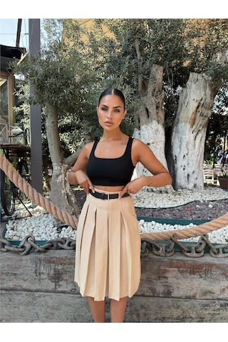 WeShaya Bej Pileli Kemer Aksesuarlı Etek Bej