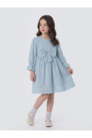 Pina Kids Kız Çocuk Uzun Kollu Önü Kurdelalı Fisto Elbise Mavi