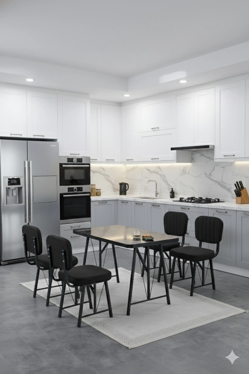 Elfin 70x110cm Sabit Siyah Yemek Masası, Yemek Masası Takımı, Mutfak Masası, 4 Siyah Sandalye Siyah