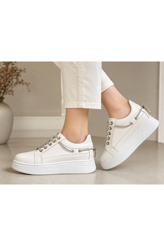 Papucumun Dünyası Kadın Bağcıklı Sneaker Ayakkabı Kırık Beyaz