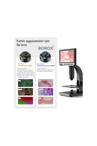 Borox Lab Dijital Mikroskop Çift Lens 2000x Büyütme 7'' 12 Mp