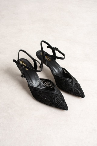 Dabab Shoes Laceva Kadın Siyah Dantel Detaylı Sivri Burun 6 Cm Topuklu Slingback Ayakkabı
