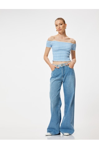 Koton Omzu Açık Tişört Gipeli Kısa Kollu Slim Fit Mavi Ekose 4sak50689ek Mavi