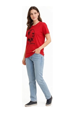 Tarzyeri Kadın Atatürk Baskılı Tişört Kısa Kollu Bisiklet Yaka T-shirt - Kırmızı Çok Renkli