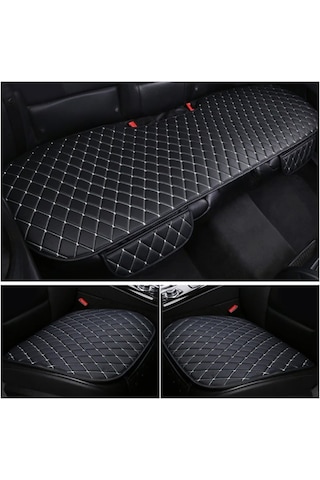 Oto Koltuk Koruyucu Cepli Üçlü Deri Minder Seti Siyah Deri Beyaz Nakışlı Ön Arka Araç Koltuk Minderi