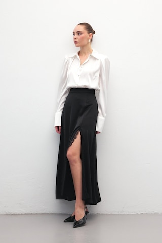 Sateen Dantel Detaylı Saten Etek - Siyah-137170 Siyah