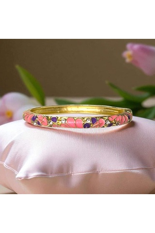 Pembe Mor Yaprak Desenli Mineli Çelik Bilezik Gold