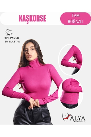 Alya Underwear Kaşkorse Tam Boğazlı Body Sweatshirt, Fitilli Kumaş, Likralı, Gül Kurusu Fuşya Melanj