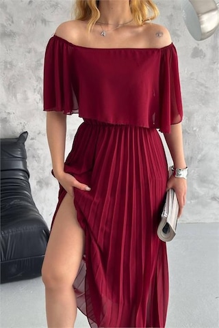 Dip Moda Kadın Astarlı Piliseli Şifon Elbise Dpk2099 Bordo