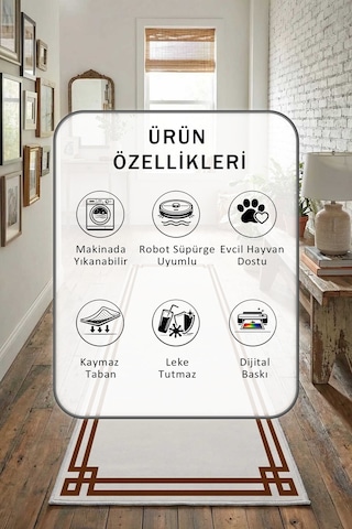 Klasik Krem Kahve Yıkanabilir Yolluk