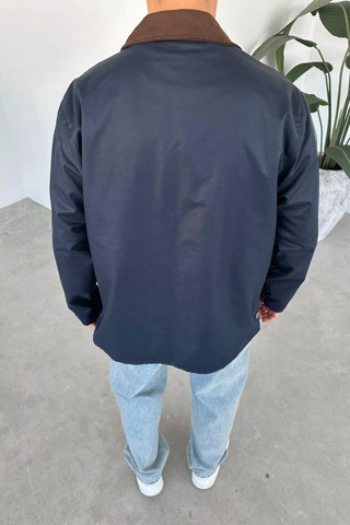 Lacivert Waxed Çıt Çıt Cep Detay Oversize Ceket Lacivert