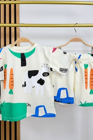 Monila Erkek Çocuk Çiftlik Baskılı Pamuklu T-shirt Şort Altüst Takım Ekru