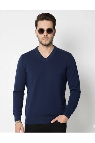 Defymoda Erkek V Yaka Triko Kazak Yumuşak Dokulu Pamuklu Ince Dokuma, Uzun Kollu Rahat Regular Kalıp - Lacive Lacivert