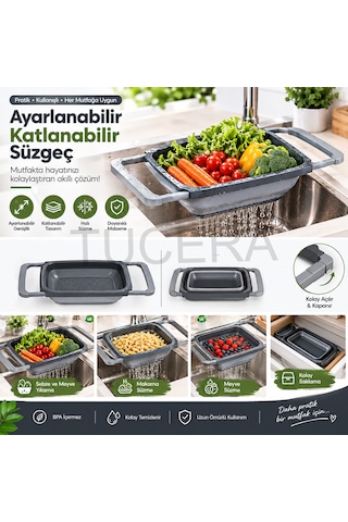 Ayarlanabilir Katlanabilir Lavabo İçi Süzgeç 6.3 Litre Geniş Hacimli Meyve, Sebze Ve Makarna Süzgeci Antrasit Gri