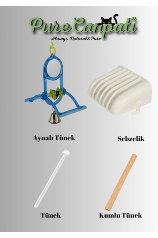 Muhabbet Kuşu Oyuncağı Aynalı Tünekli Salıncak Ve Kafes Aksesuar Seti - Sebzelik, Tünek, Kumlu Tünek