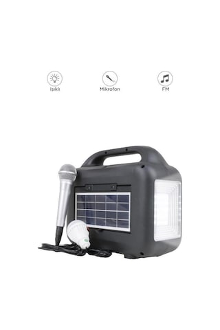 1769 Mikrofon,1 Led Ampül Ve Fenerli Bluetooth Hoparlör Güneş Panelli Powerbank Kamp Hopa