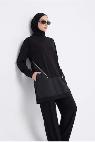 Armine Trend Fermuar Detaylı Uzun Tunik Ve Pantolonlu İkili Takım Siyah 26yt690