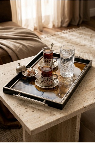 1010 Nolu Siyah Gümüş Tepsi 50x31x4 Cm Çok Renkli
