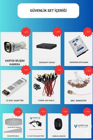 3 Kameralı 6 Atom Led Gece Renkli Görüşlü Güvenlik Kamerası Seti + 320 Gb Hdd