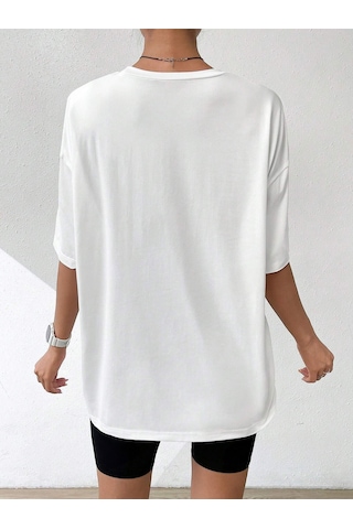 Smile Çizgi Yüz T-shirt - Beyaz Baskılı Oversize Bisiklet Yaka Kısa Kol Tişört Beyaz