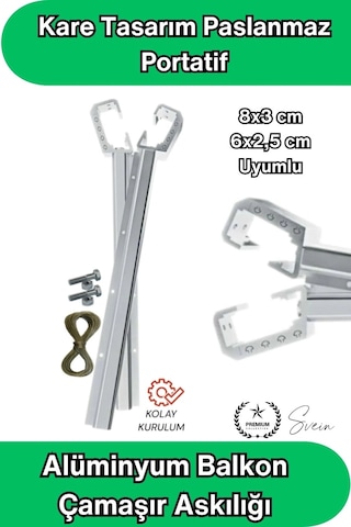 8x3 Ve 6x2.5 Cm Uyumlu Alüminyum Balkon Çamaşır Askılığı Takılabilir Küpeşte Kurutmalık Kare Boru Uy Çok Renkli