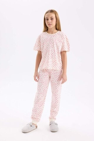 DeFacto Kız Çocuk Pijama Takımı Kalp Desenli Kısa Kollu Üst Uzun Alt D8197A8NSER99 Ekru