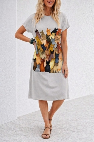 Alyn Wear Kısa Kollu Bisiklet Yakalı Kedı Desenli Midi Vıskon Elbise Sütlü Kahverengi
