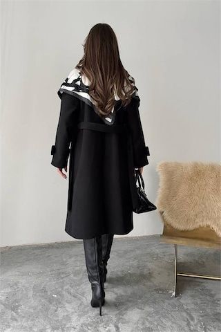 Neşeli Butik Kadın Kuşak Detaylı Astarlı Kaşe Kaban Nbg120 Siyah