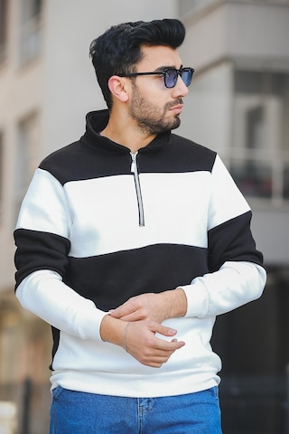 Oksit Arman Üç İplik Şardonlu Parçalı Fermuarlı Dik Yaka Slim Fit Erkek Sweatshirt 001