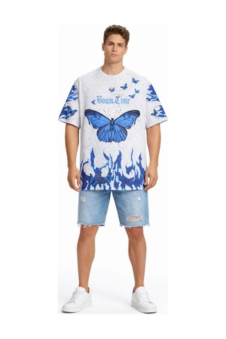 Barlashive Erkek Asit Yıkamalı Oversize Tişört Bisiklet Yaka Kısa Kol T-shirt - Beyaz Çok Renkli
