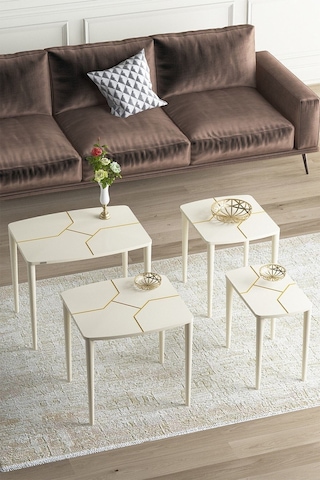 Canisa Concept Lyon Serisi , Üst Kalite Sehpa Takımı , 1.sınıf Mdf 4lü Zigon Sehpa Takımı, Krem Sehpa, Gold Ayak Sehpalar Krem Ayakları Gold