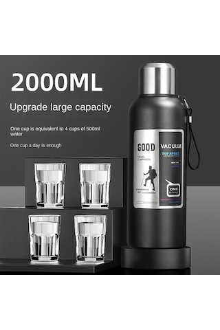 Zyzqstore Paslanmaz Çelik Vakum Yalıtımlı, Taşınabilir 2 L Siyah Büyük Kapasiteli Termos Siyah