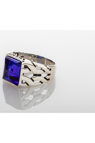 Gümüş Lacivert Baget Kesim Zirkon Taşlı Kare Model Erkek Yüzük